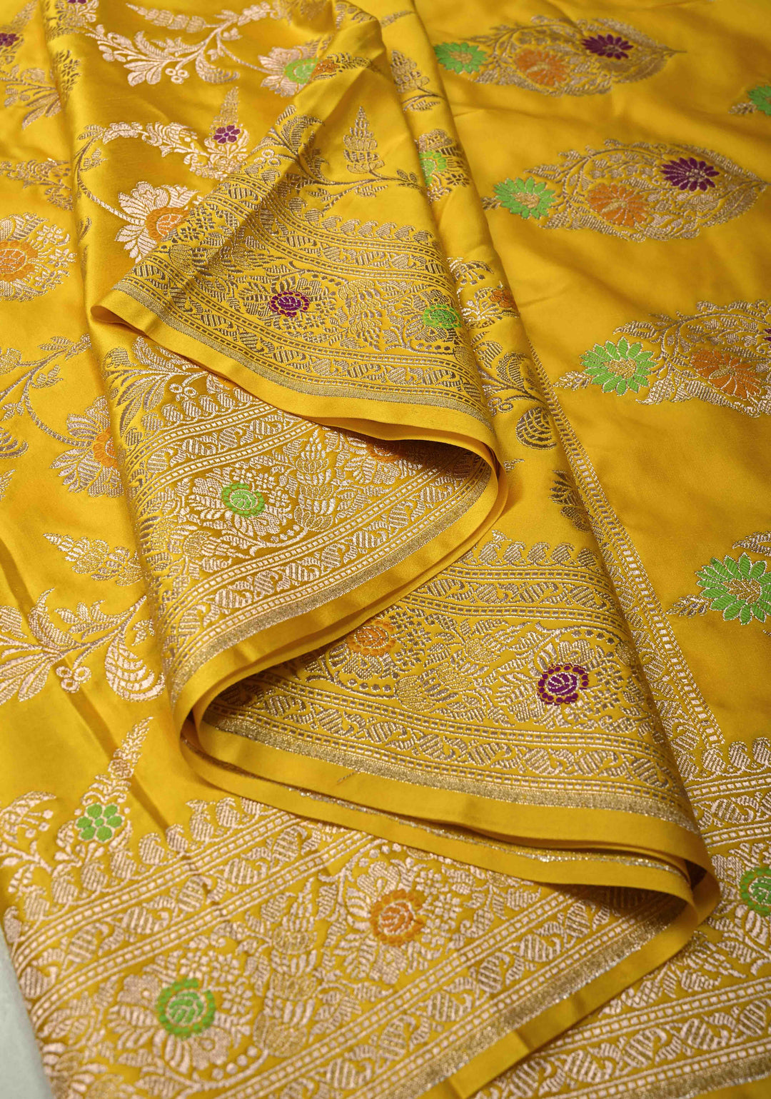 Sunflower Yellow Meenakari Detailing on Banarasi Semi Mashru Silk Saree with Floral Jaal and Zari Border
