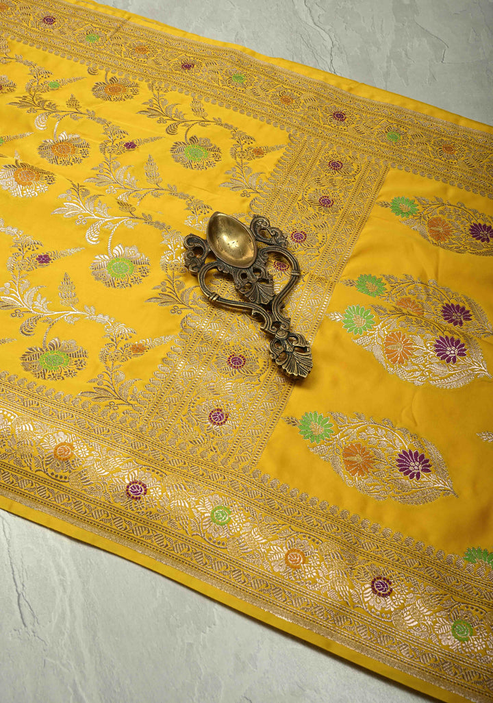 Sunflower Yellow Meenakari Detailing on Banarasi Semi Mashru Silk Saree with Floral Jaal and Zari Border