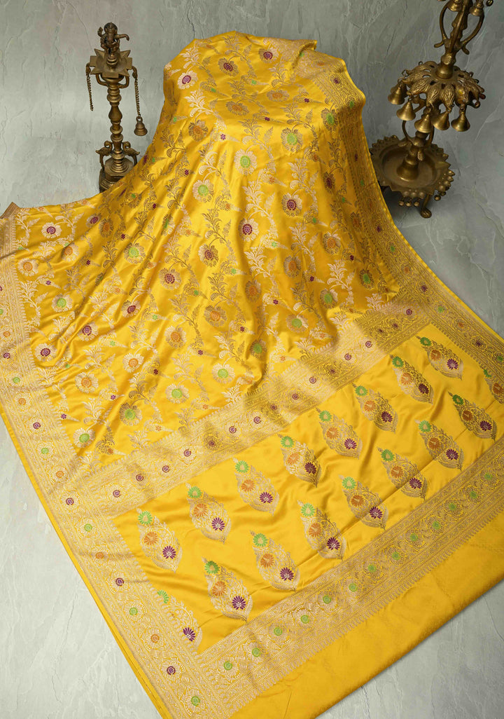 Sunflower Yellow Meenakari Detailing on Banarasi Semi Mashru Silk Saree with Floral Jaal and Zari Border