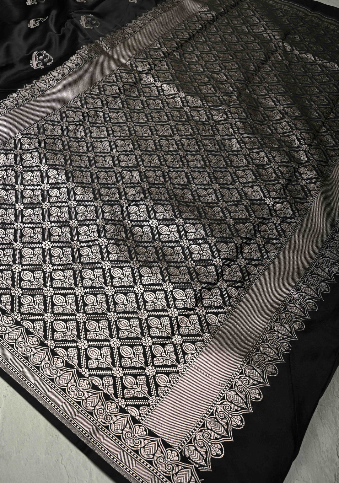 Black Banarasi Semi Mashru Silk Saree with Zari Buttas and Zari Border