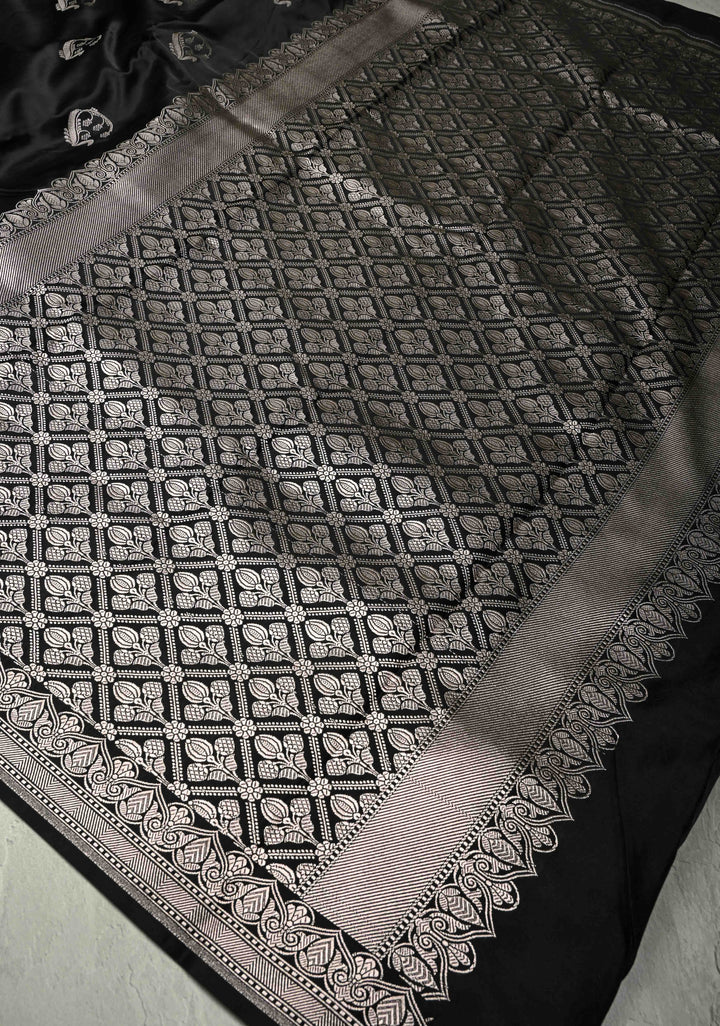 Black Banarasi Semi Mashru Silk Saree with Zari Buttas and Zari Border