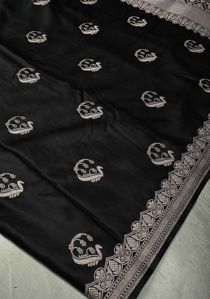 Black Banarasi Semi Mashru Silk Saree with Zari Buttas and Zari Border