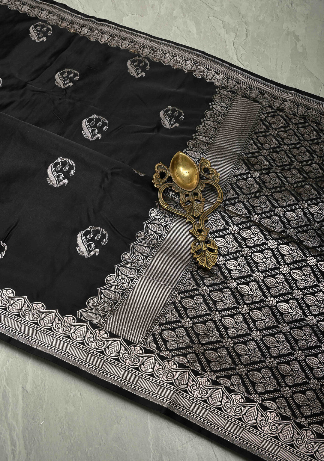 Black Banarasi Semi Mashru Silk Saree with Zari Buttas and Zari Border