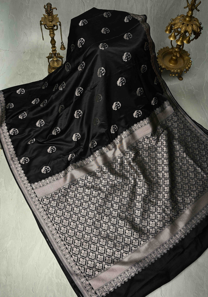Black Banarasi Semi Mashru Silk Saree with Zari Buttas and Zari Border