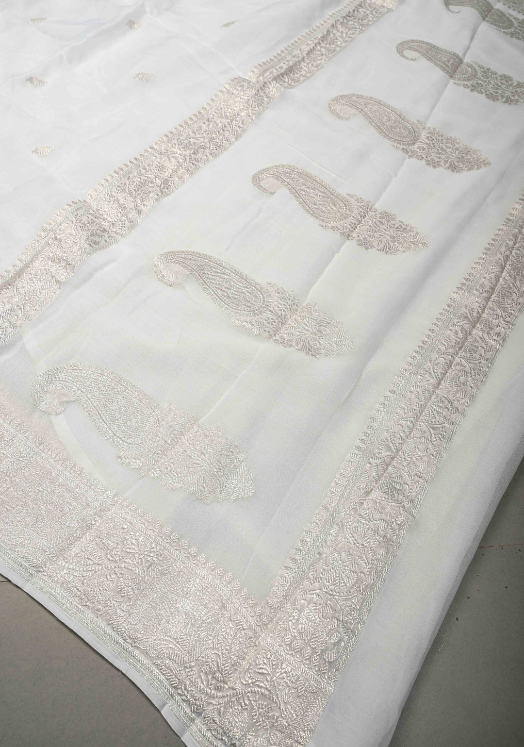 Ivory Banarasi Chiffon Silk Saree with Silver Zari Buttas and Zari Border | SILK MARK CERTIFIED