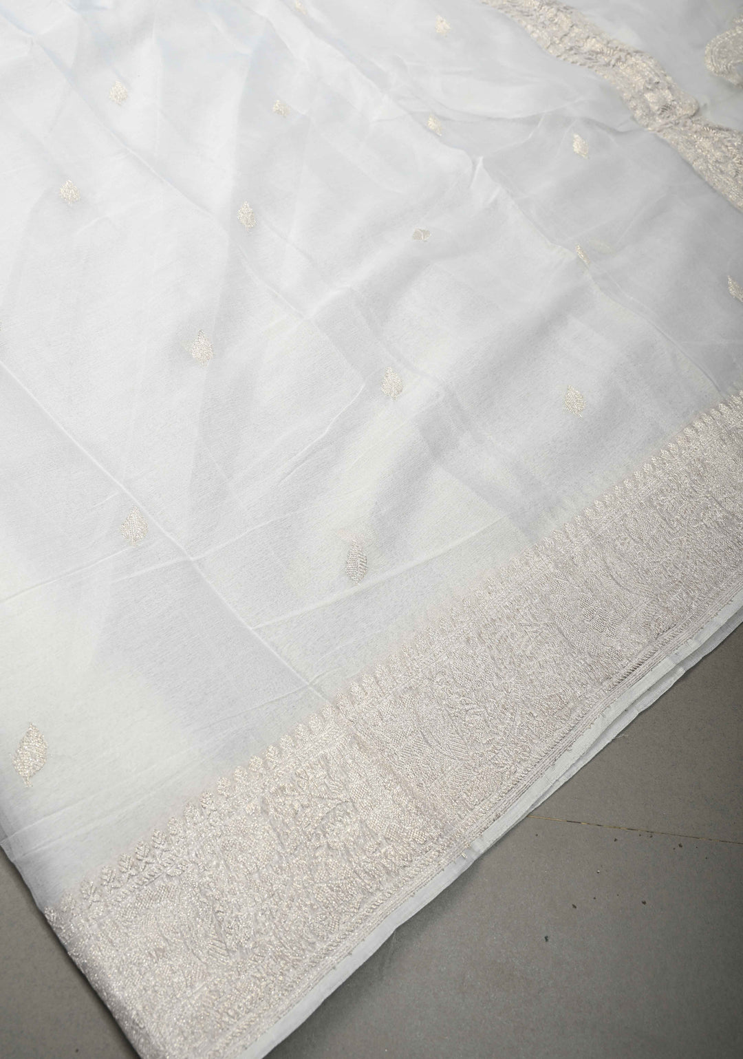 Ivory Banarasi Chiffon Silk Saree with Silver Zari Buttas and Zari Border | SILK MARK CERTIFIED