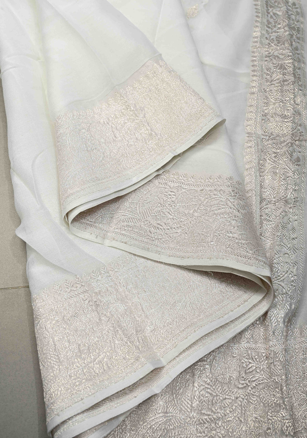 Ivory Banarasi Chiffon Silk Saree with Silver Zari Buttas and Zari Border | SILK MARK CERTIFIED