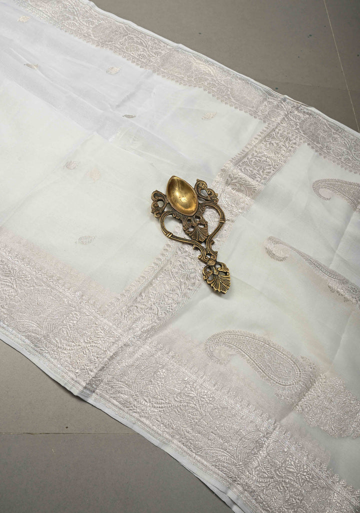 Ivory Banarasi Chiffon Silk Saree with Silver Zari Buttas and Zari Border | SILK MARK CERTIFIED