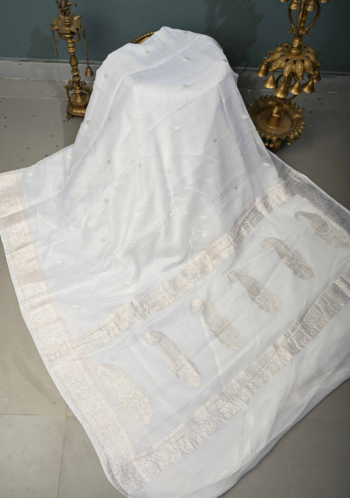Ivory Banarasi Chiffon Silk Saree with Silver Zari Buttas and Zari Border | SILK MARK CERTIFIED