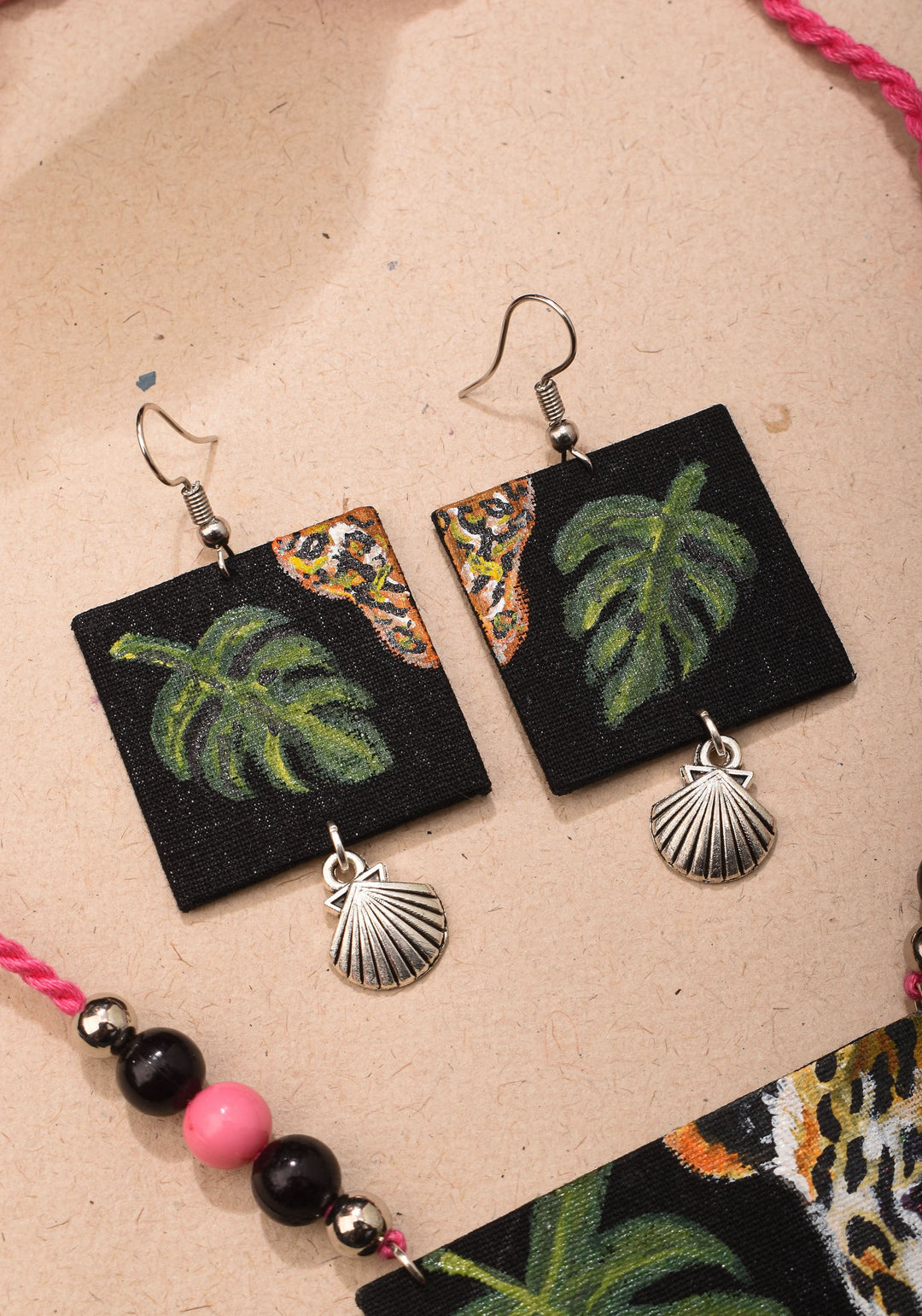 Bengal Tiger hand painted on Black base,Necklace and earrings set