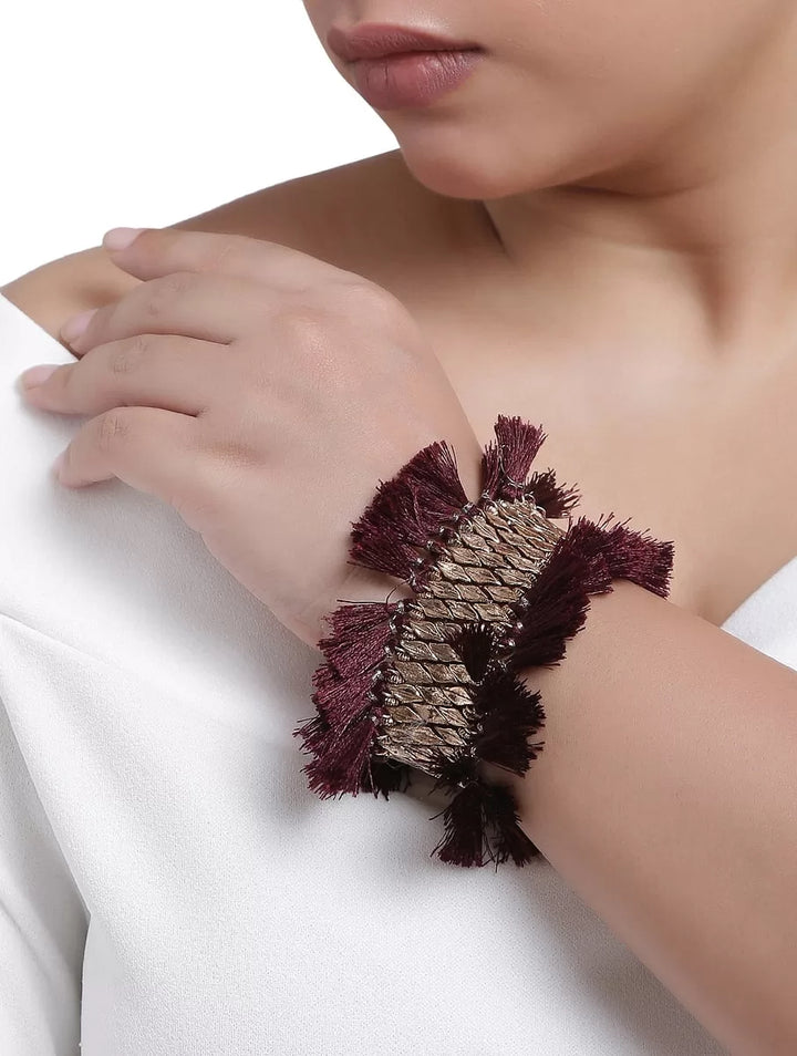Brass Bracelet - Beads And Burgundy Tassels | SHOBITAM