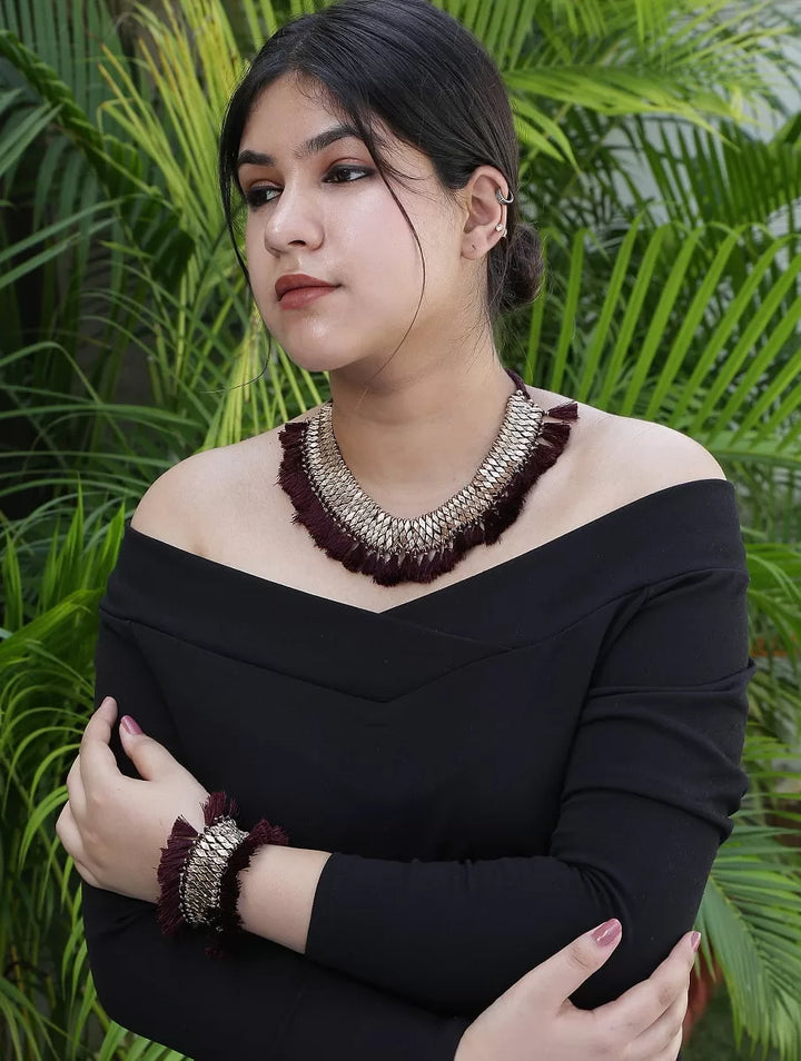 Brass Bracelet - Beads And Burgundy Tassels | SHOBITAM