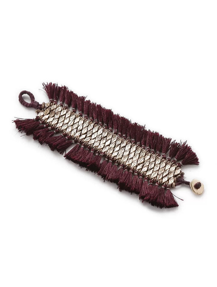 Brass Bracelet - Beads And Burgundy Tassels | SHOBITAM
