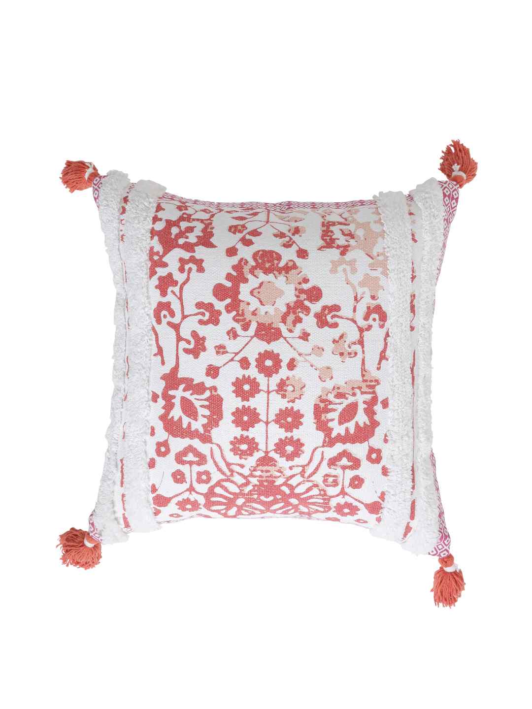 Peach Flower Printed Cushion Cover With Fringes And Tassels
