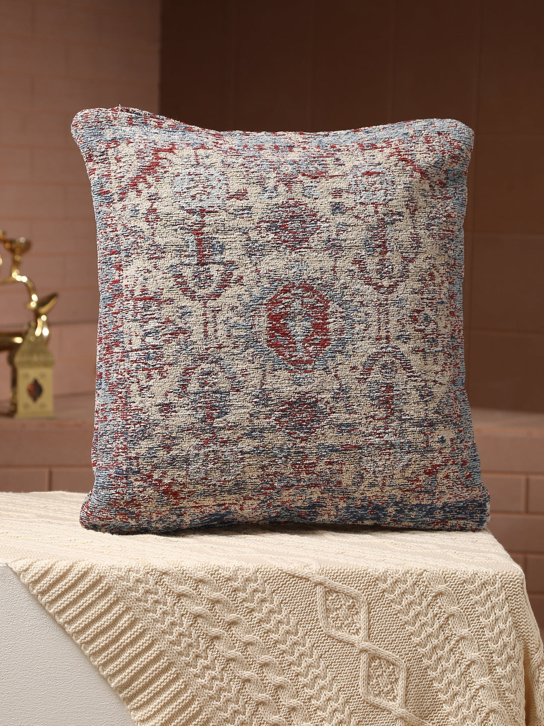 Peach Flower Printed Cushion Cover With Fringes And Tassels