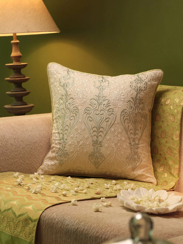 Embroidery Cushion Cover - Ivory & Gold Zari