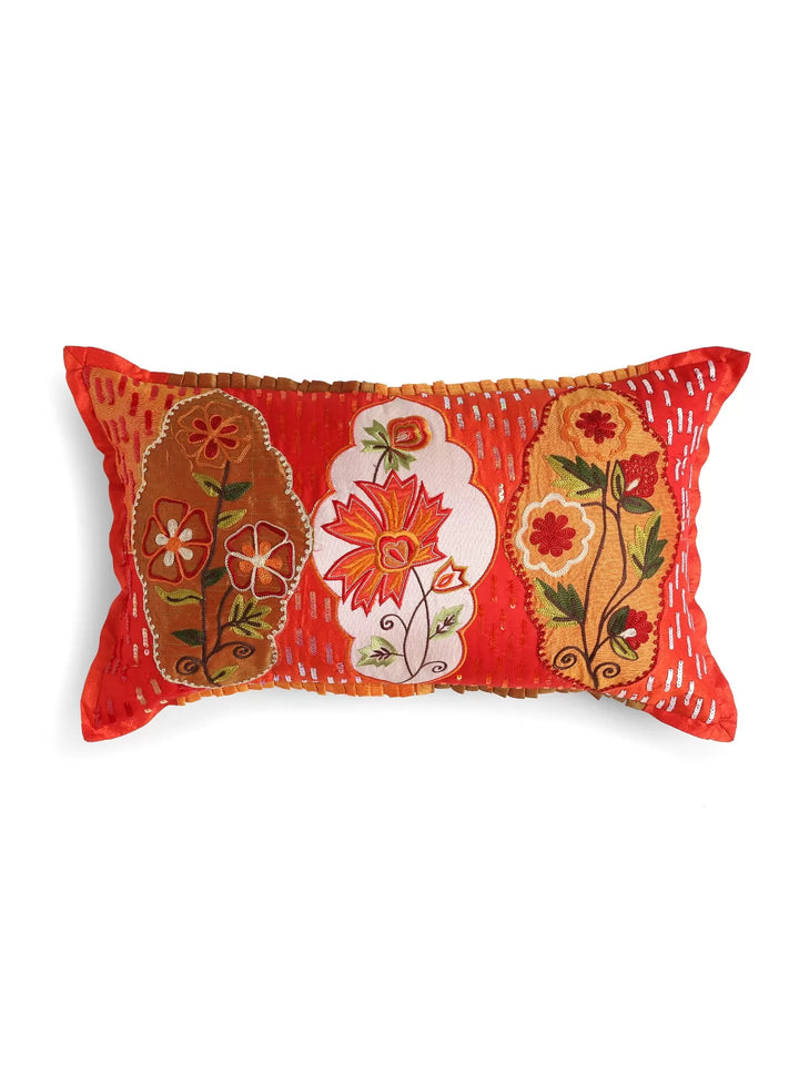 Embroidered Cushion Cover With Sequin Base - Red And Multicolor Patch Work