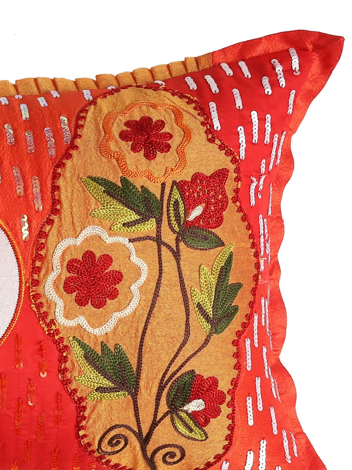 Embroidered Cushion Cover With Sequin Base - Red And Multicolor Patch Work