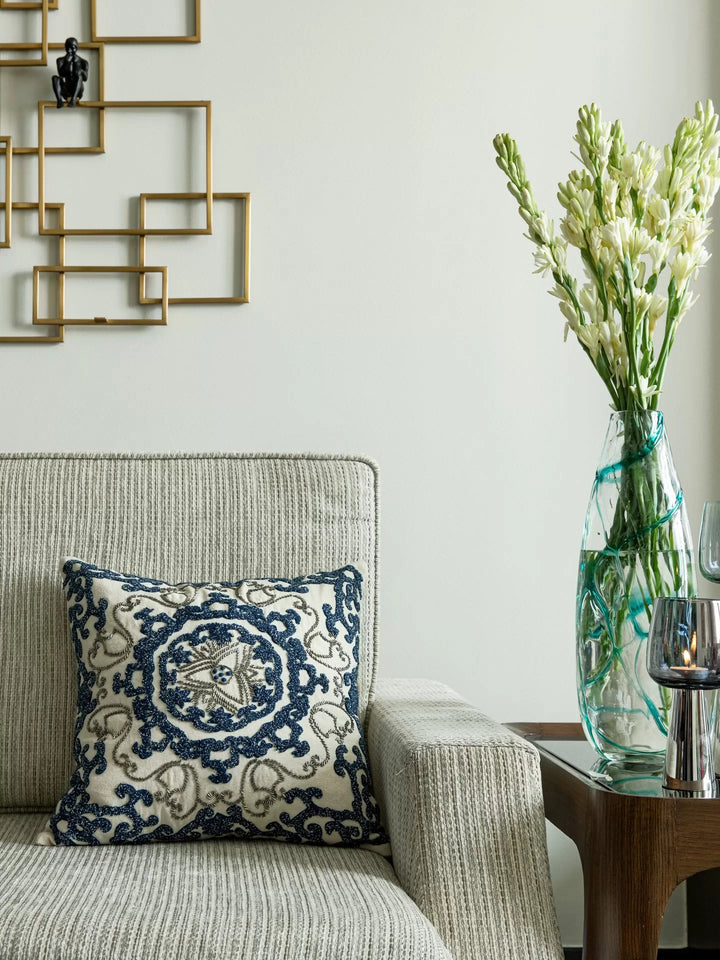 Embellished Cushion Cover - Ivory And Blue Embroidered