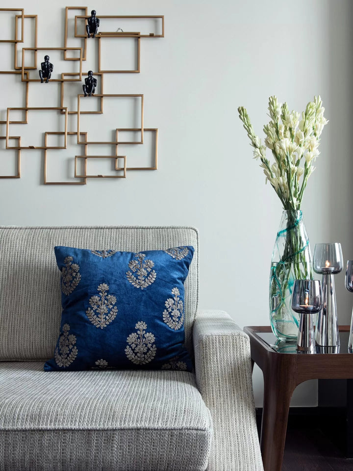 Hand Beaded Cushion Cover - Blue Velvet Zari Embroidery