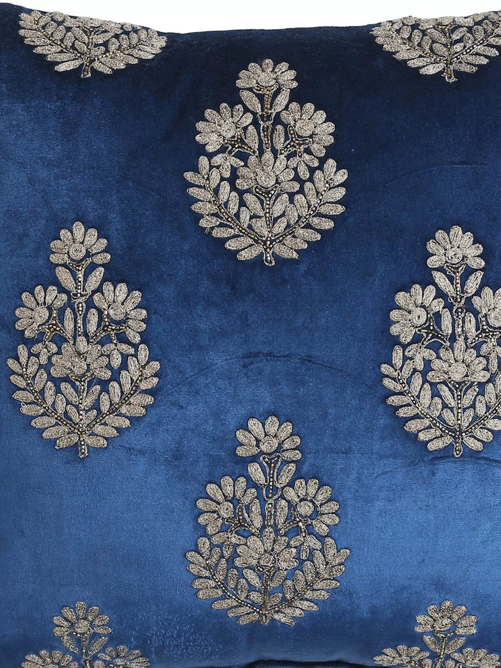 Hand Beaded Cushion Cover - Blue Velvet Zari Embroidery