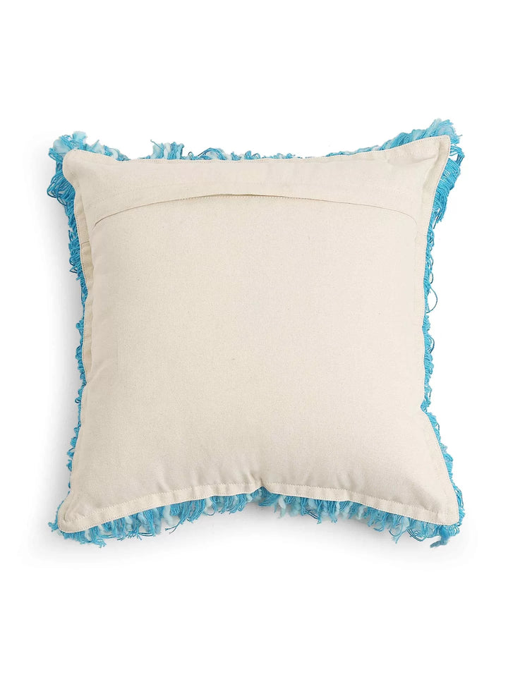 Acrylic Wool Cushion Cover - With Turquoise Soft Chunky Handwoven Fringes
