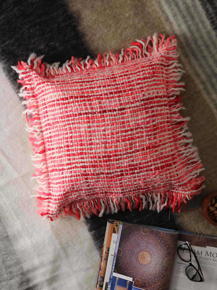 Acrylic Wool Cushion Cover - With Fuschia Soft Chunky Handwoven Fringes