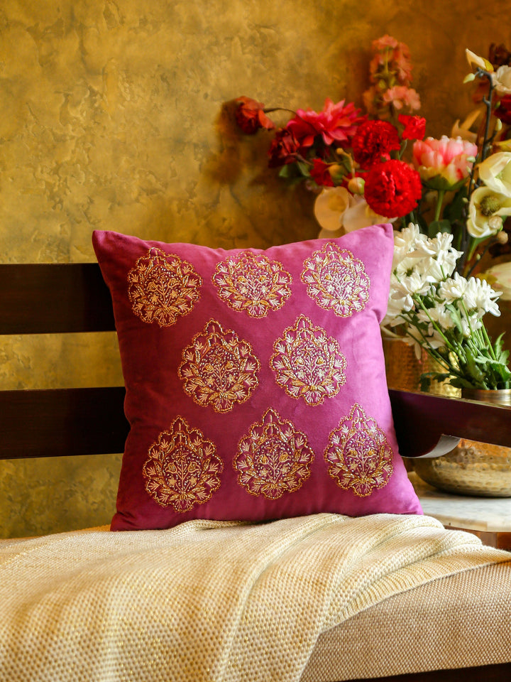 Velvet Cushion Cover - Violet Embellished With Flower Design