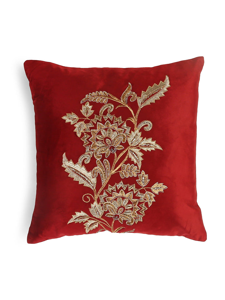 Velvet Cushion Cover - Burgundy Embellished Center Flower Design