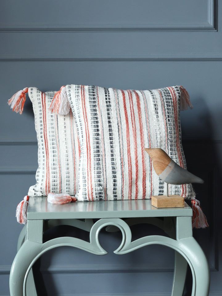 Ivory, Rust and Green Woven Cushion Cover with Tassels