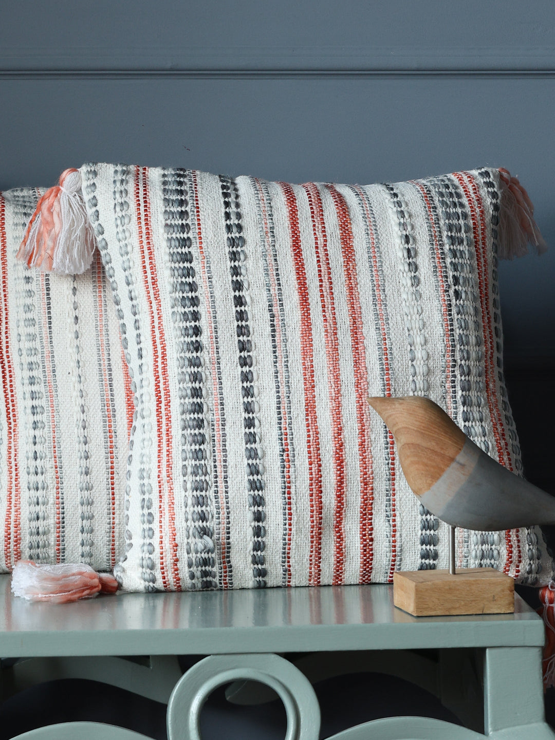 Ivory, Rust and Green Woven Cushion Cover with Tassels