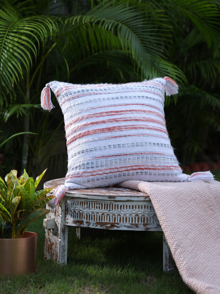 Ivory, Rust and Green Woven Cushion Cover with Tassels