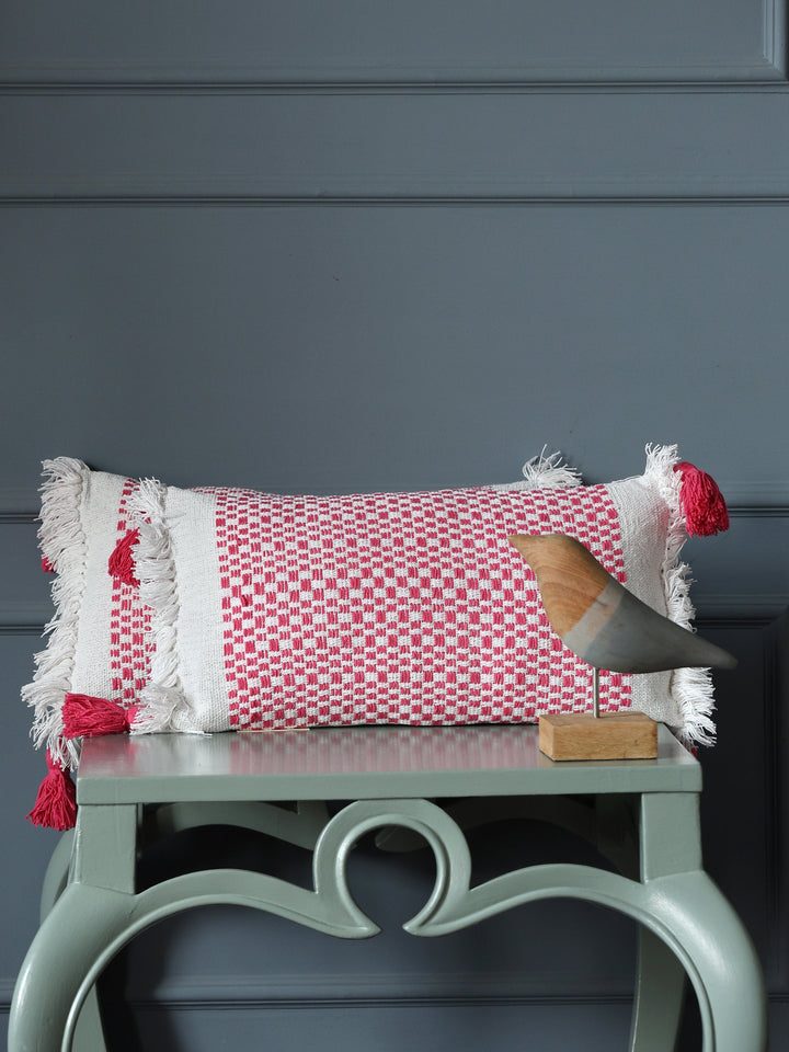 Hand woven cushion cover with tassels and fringes in pink and white