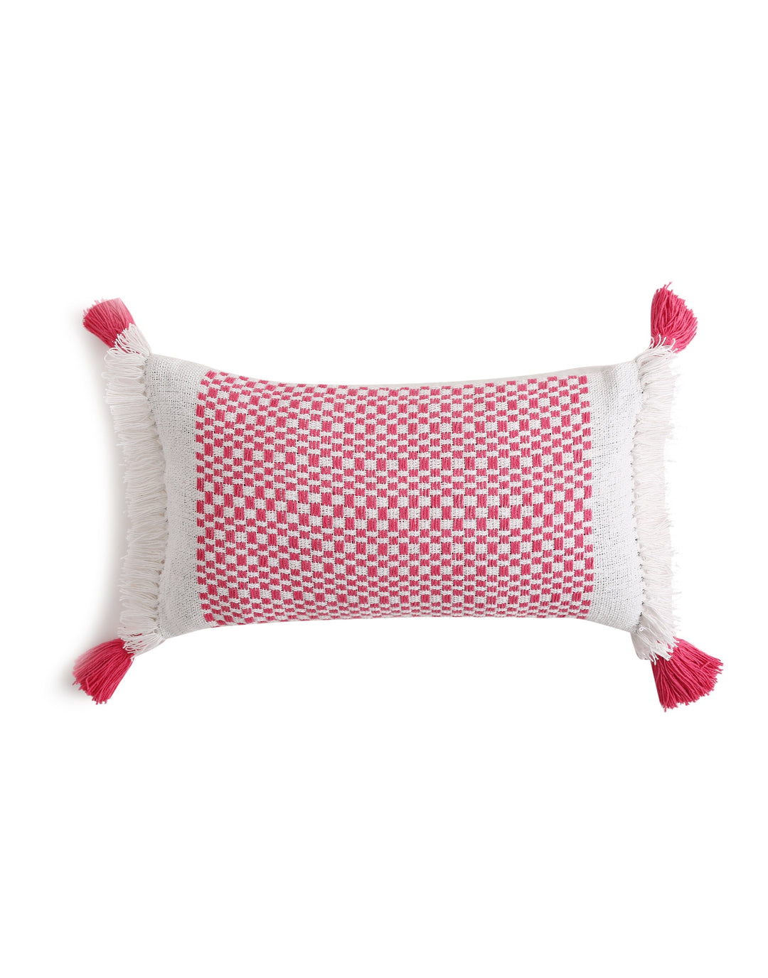 Hand woven cushion cover with tassels and fringes in pink and white