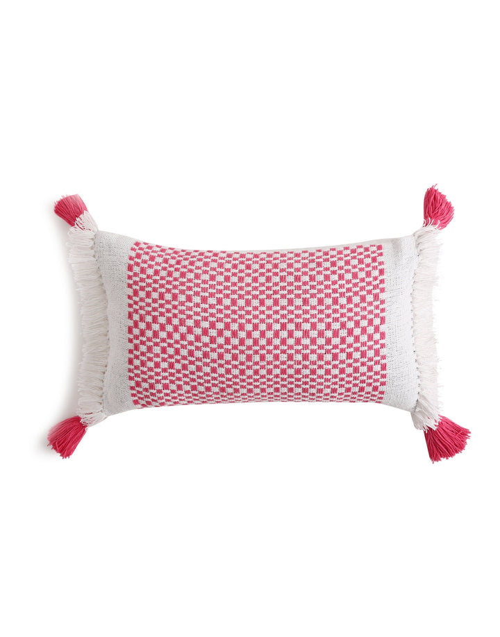 Hand woven cushion cover with tassels and fringes in pink and white