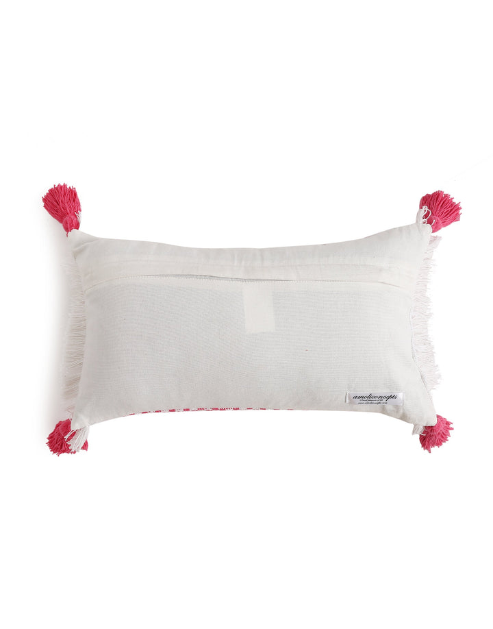 Hand woven cushion cover with tassels and fringes in pink and white