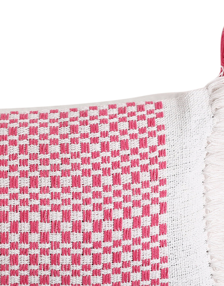 Hand woven cushion cover with tassels and fringes in pink and white