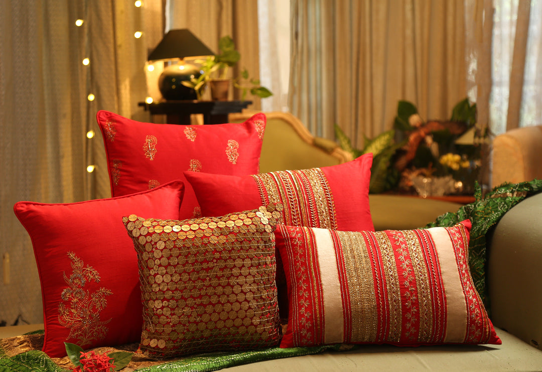Cushion Cover - Patra Work In Red Faux Silk