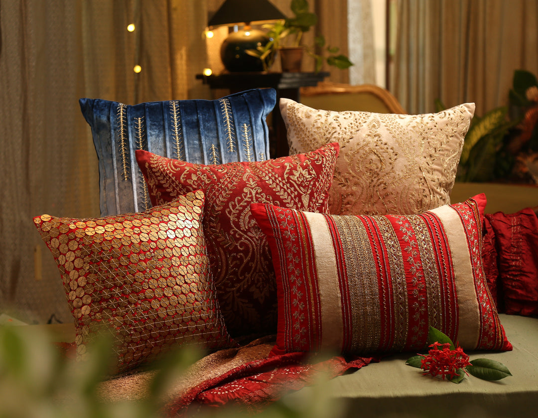 Cushion Cover - Patra Work In Red Faux Silk