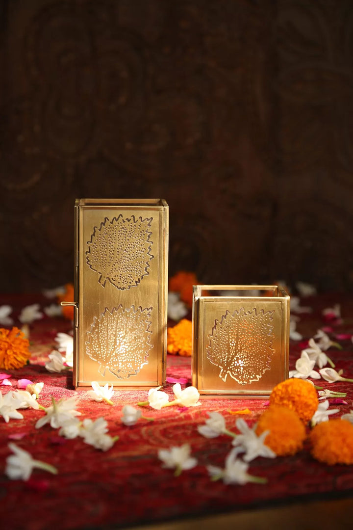 Candle Holders - Antique Gold And Glass Leaf Design Set of 2 | SHOBITAM