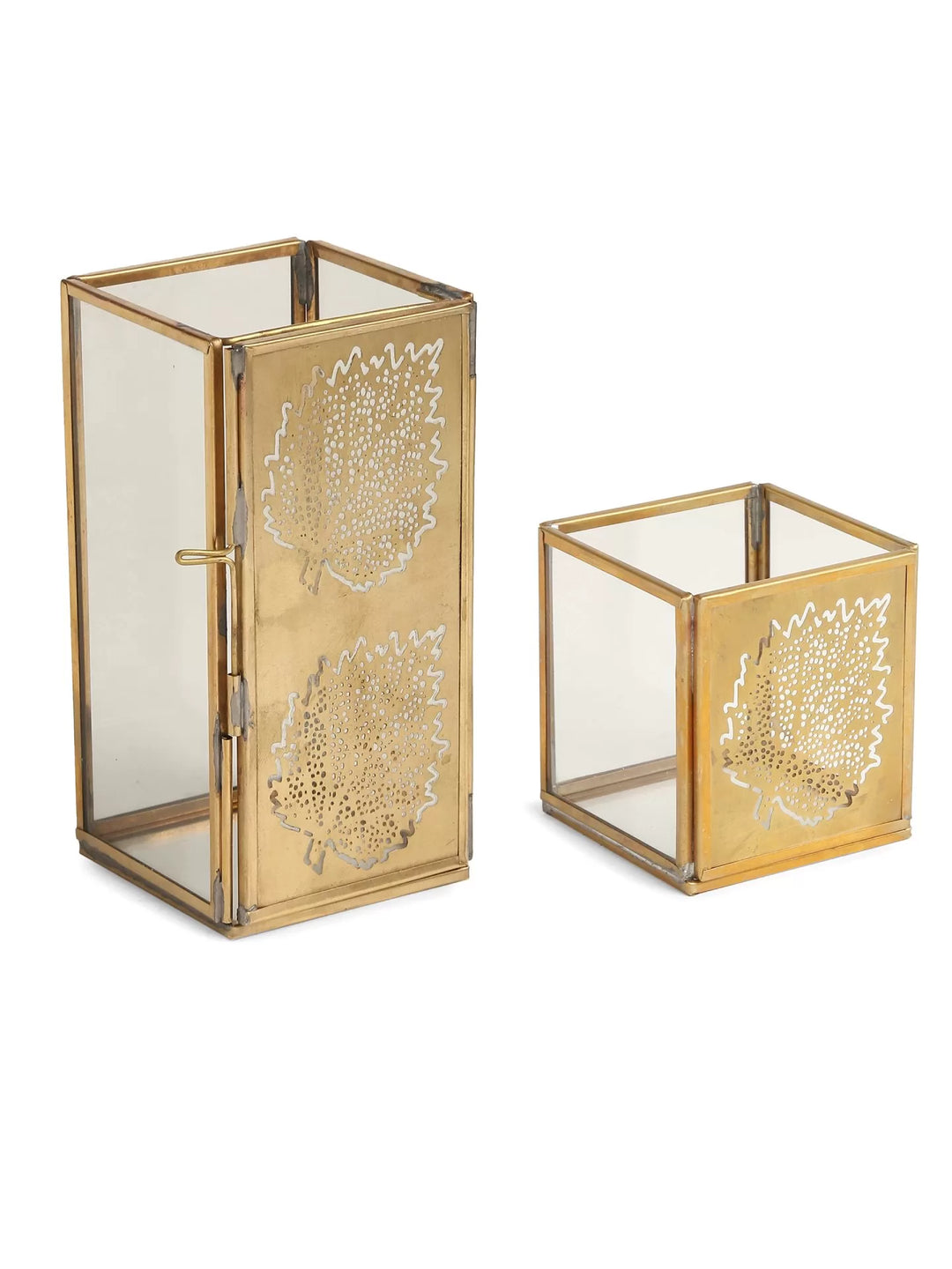 Candle Holders - Antique Gold And Glass Leaf Design Set of 2 | SHOBITAM