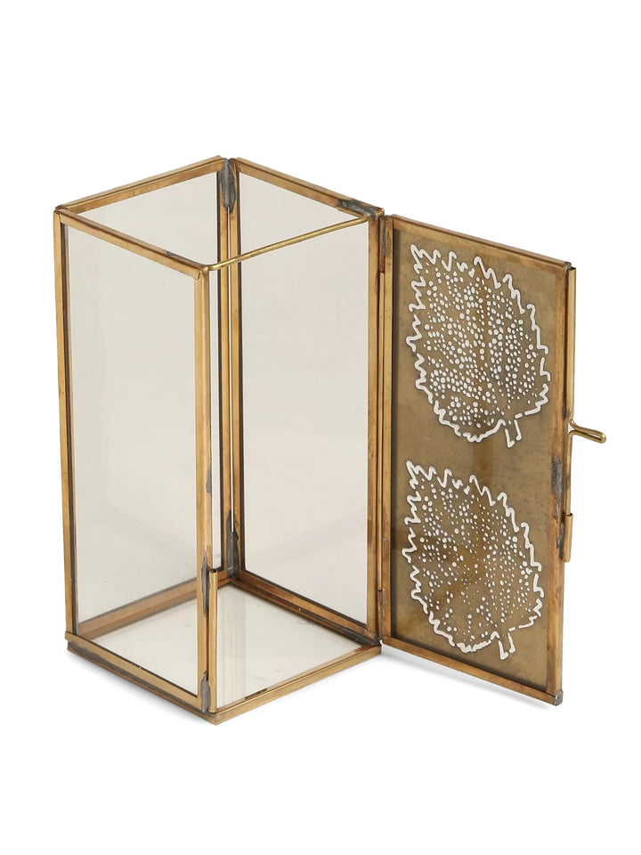 Candle Holders - Antique Gold And Glass Leaf Design Set of 2 | SHOBITAM