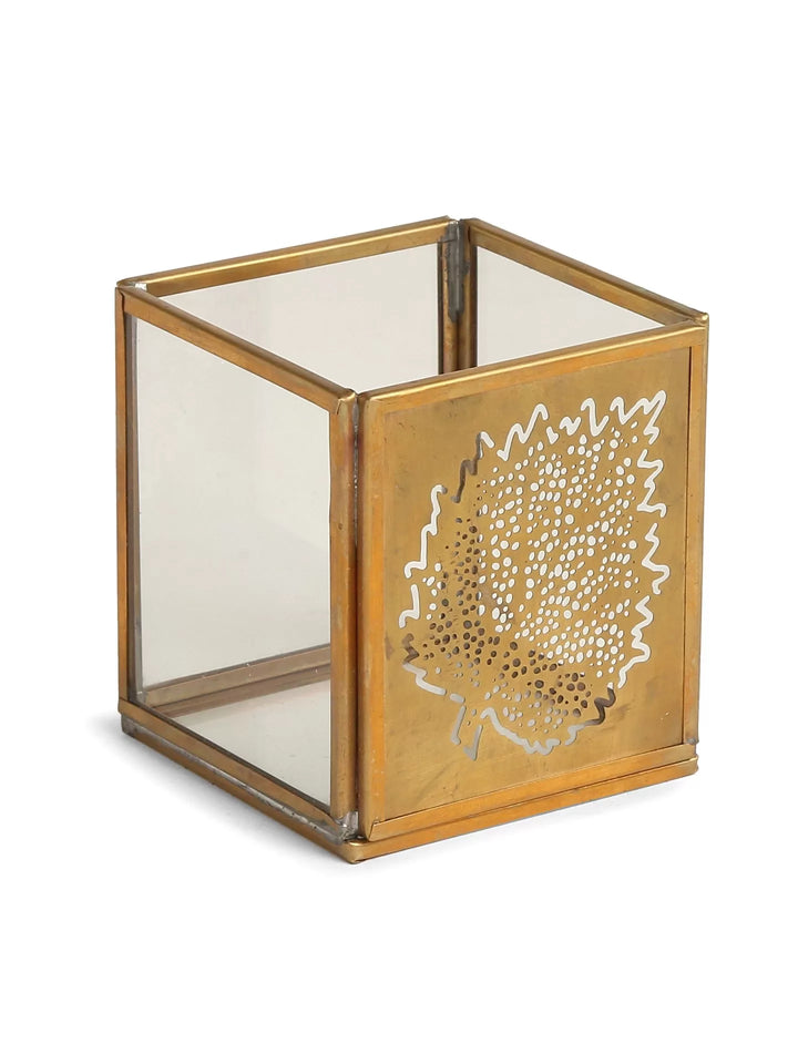 Candle Holders - Antique Gold And Glass Leaf Design Set of 2 | SHOBITAM