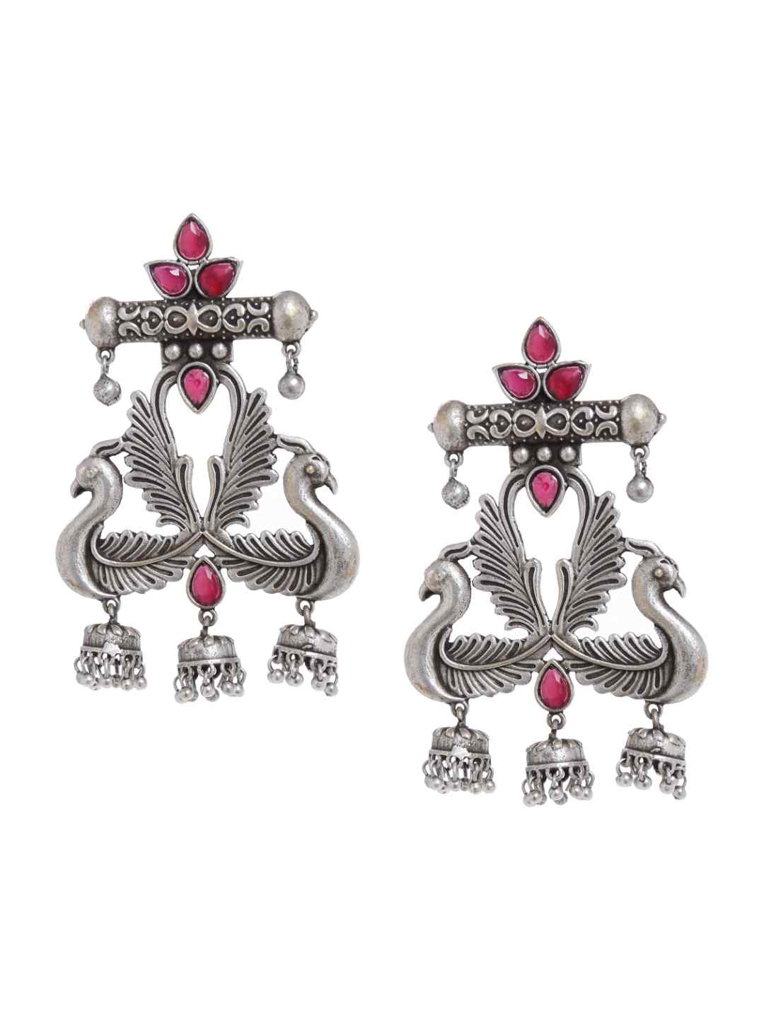 Earrings - Silver Tone With Pink Stones | SHOBITAM