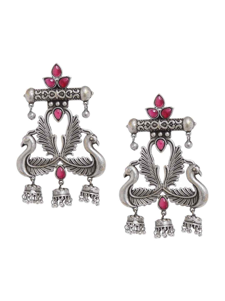 Earrings - Silver Tone With Pink Stones | SHOBITAM
