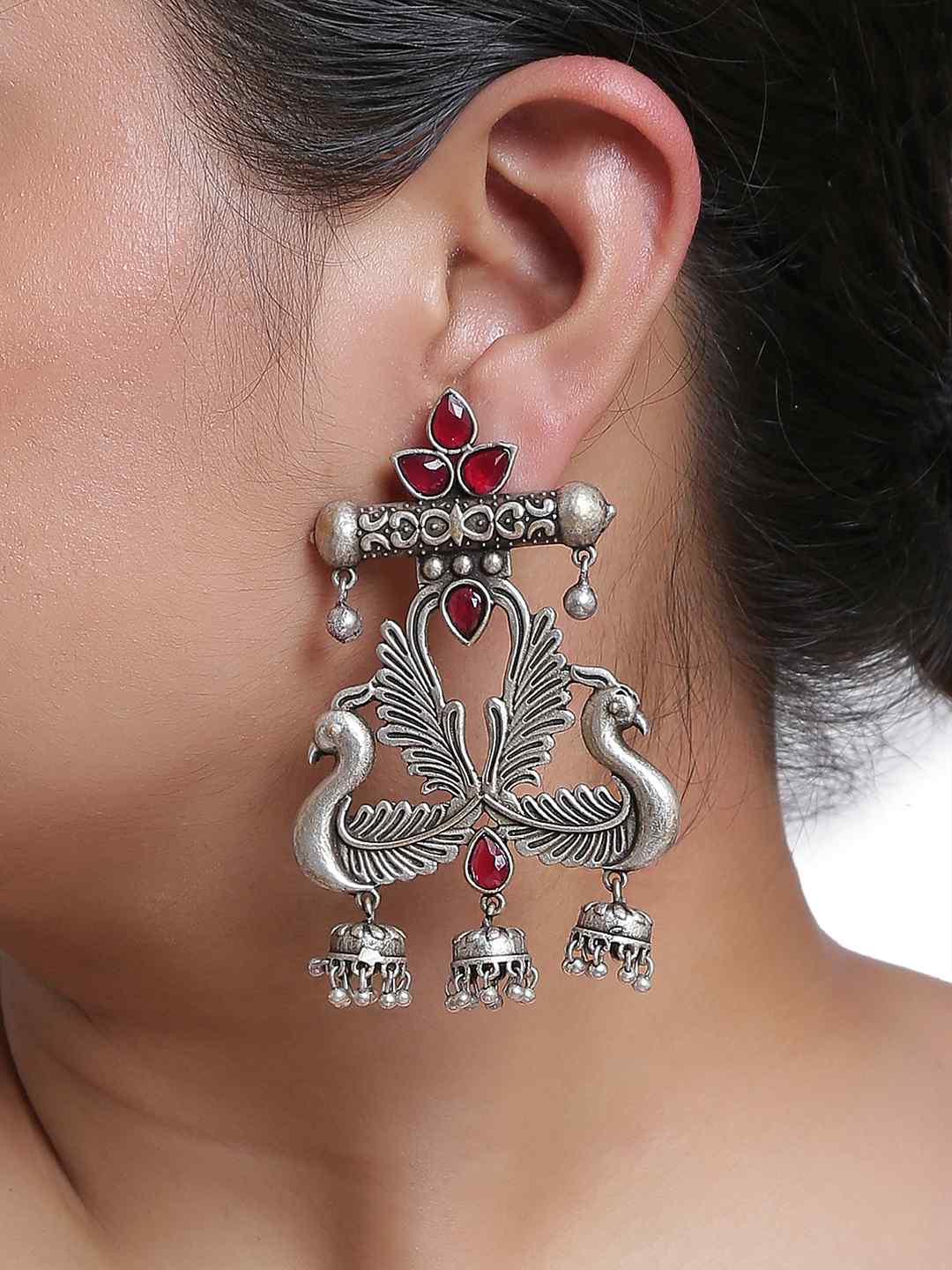 Earrings - Silver Tone With Pink Stones | SHOBITAM