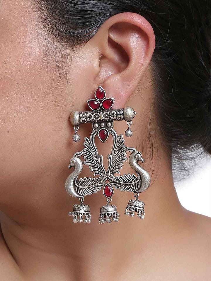 Earrings - Silver Tone With Pink Stones | SHOBITAM
