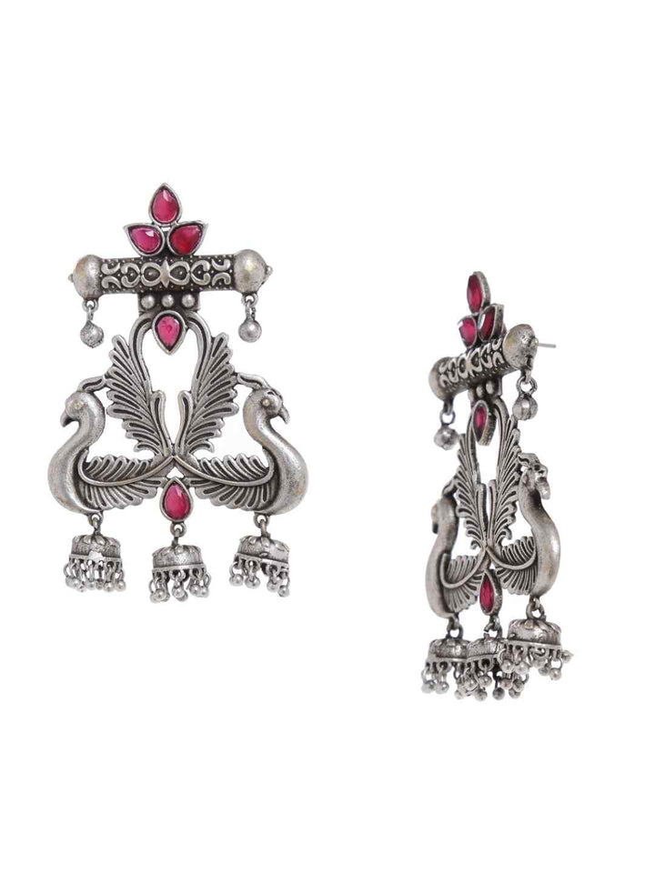 Earrings - Silver Tone With Pink Stones | SHOBITAM