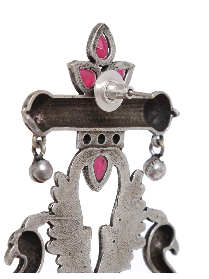 Earrings - Silver Tone With Pink Stones | SHOBITAM