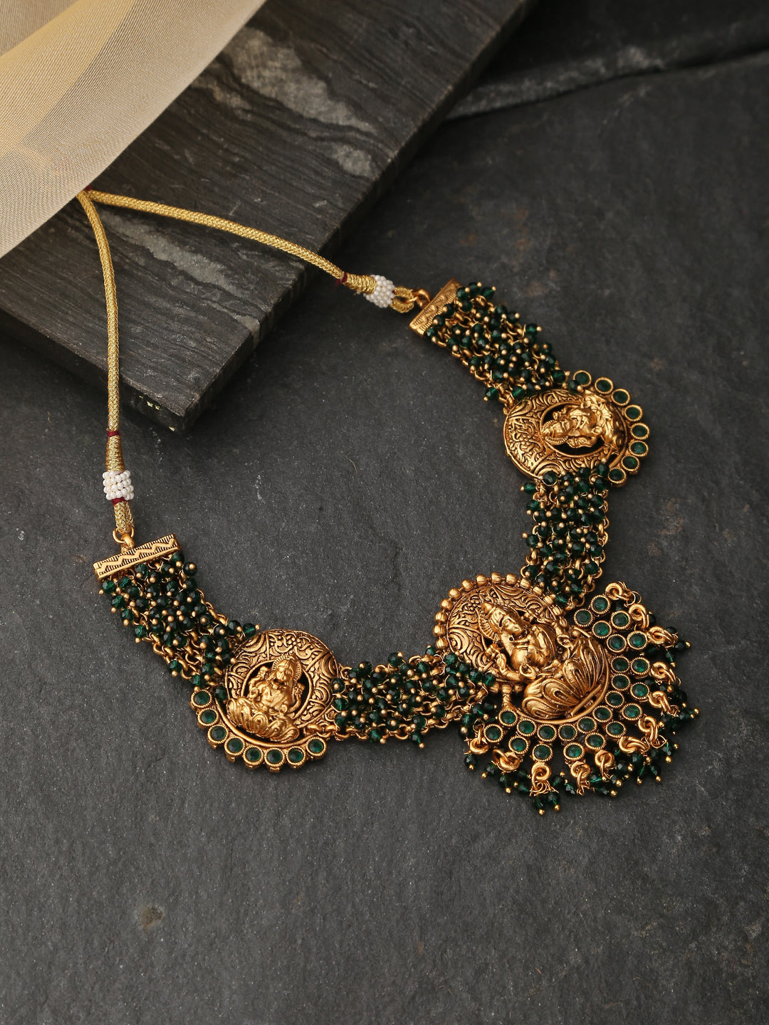 Laxmi temple necklace with green glass beads | SHOBITAM